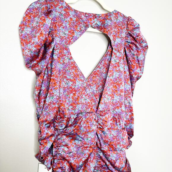 For Love & Lemons Charlie Floral Ruched Puff Sleeve Dress Blossom XS NEW - Picture 7 of 9